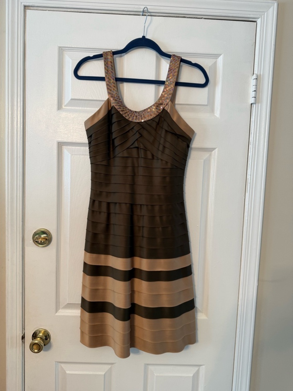 JS Collections Brown and Tan Beaded Scoop Neck Midi Dress